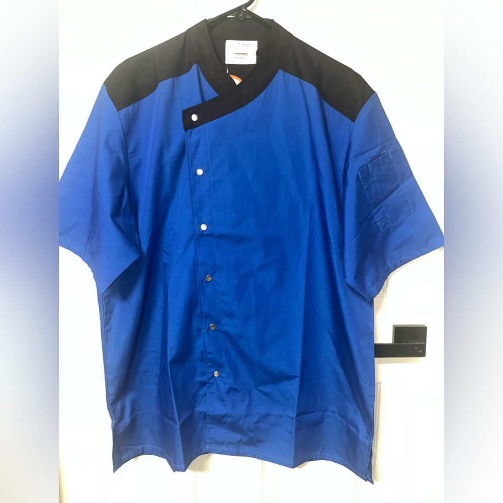 NWT Happy Chef Cook Cool Shirt Womens Men Blue Black Euro Vent Chef Coat large - Picture 2 of 7